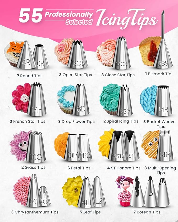 RFAQK 200PCs Cake Decorating Kit with Cake Turntable & Leveler, Baking Supplies Gift Includes 110+1 Piping Bags,55 Icing Tips,2 Frosting Spatulas, Adjustable Scraper, Video Tutorial, Booklet & more - Image 3