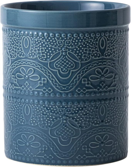 Fun Elements Kitchen Utensil Holder, 7.2" Super Large Utensil Crock Heavy and Stable Lace Emboss Ceramic Utensil Holder for Kitchen Counter (Grayish Blue) by IntoYourHouseOntoYourTable