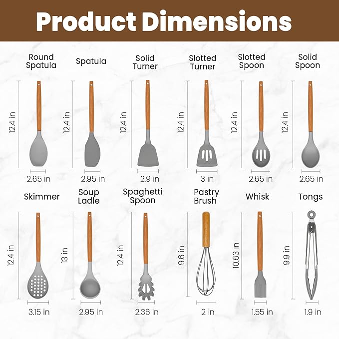 Kitchen Utensils Set - 12 Pcs Silicone Cooking Utensils Set with Wooden Handle - Heat Resistant Non-Stick BPA Free Spatula Set,Turner, Spoon, Brush, Silicone Kitchen Gadgets Utensil Set - Image 2