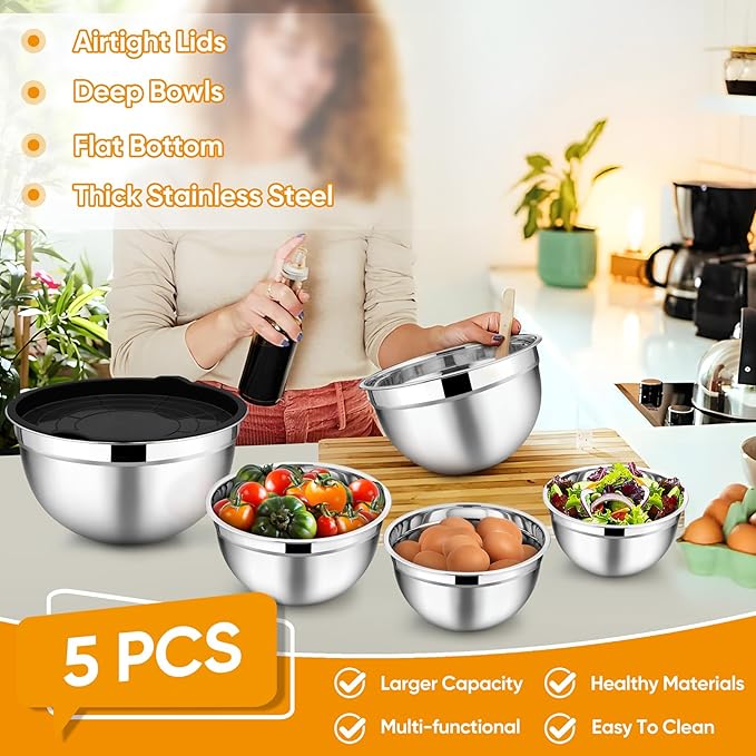 TeamFar Mixing Bowl Set of 5, 4.5/3/1.5/1/0.7 QT, Stainless Steel Metal Nesting Salad Bowl with Lid Set, Ideal for Mixing Serving, Non-Toxic & Sturdy, Airtight Lid & Easy Clean, Black - Image 3