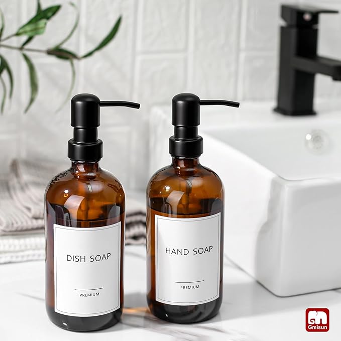 GMISUN Amber Glass Soap Dispenser, 2 Pack Bathroom Hand Soap Dispensers with Stainless Steel Pump, 17 Fl Oz Kitchen Hand and Dish Soap Dispenser Set, Modern Vintage Liquid Brown Soap Dispensers Bottle - Image 5