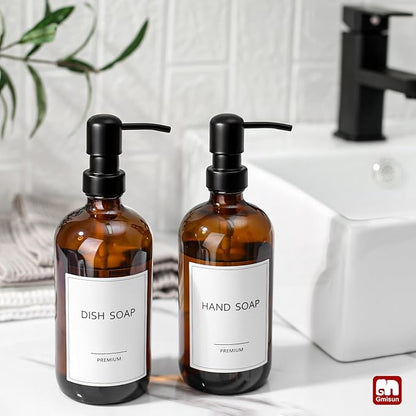 GMISUN Amber Glass Soap Dispenser, 4 Pack Bathroom Hand Soap Dispensers with Stainless Steel Pump, 17 Fl Oz Kitchen Hand and Dish Soap Dispenser Set, Modern Vintage Liquid Brown Soap Dispensers Bottle - Image 5