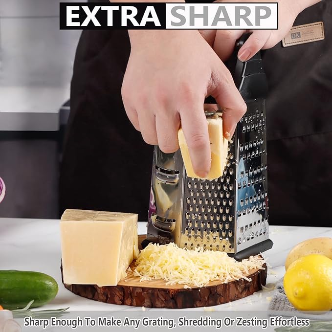 Box Grater, Cheese Grater Shredder Stainless Steel with 6 Sides, Best for Parmesan Cheese, Vegetables, Potatoes, Carrot, Ginger, Mandoline Vegetable Slicer with Detachable Container, Silver