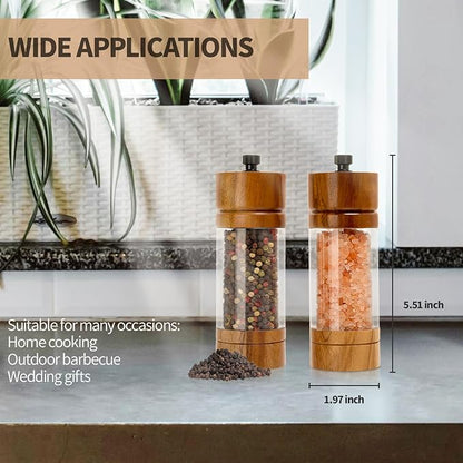 Salt and Pepper Grinder Set,Manual Salt Pepper Mills Grinders for Kitchen,Refillable and Adjustable Wooden Shakers for Pepper Salt Spices
