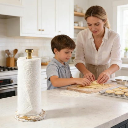 Koville Paper Towel Holder Countertop, Standing Paper Roll Holder with 6" Weighted Marble Base, Stone Paper Towel Holder with Gold Stainless Steel Rod for Kitchen Bathroom((Arabescato Doro)