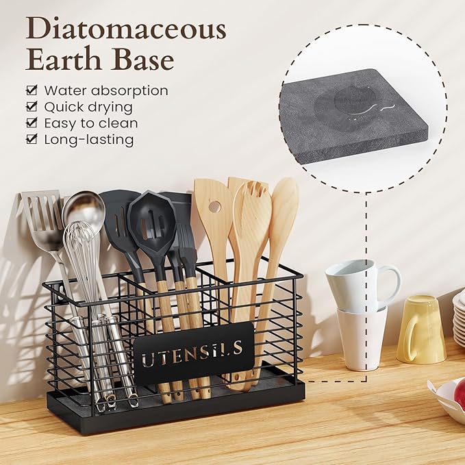 THYGIFTREE Utensil Holder for Kitchen Counter with Diatomaceous Earth Base, Large Black Metal Cooking Tool Organizer with 3 Compartments, Countertop Utensil Holder for Spatula and Kitchen Utensils - Image 2
