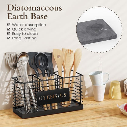 THYGIFTREE Utensil Holder for Kitchen Counter with Diatomaceous Earth Base, Large Black Metal Cooking Tool Organizer with 3 Compartments, Countertop Utensil Holder for Spatula and Kitchen Utensils - Image 2