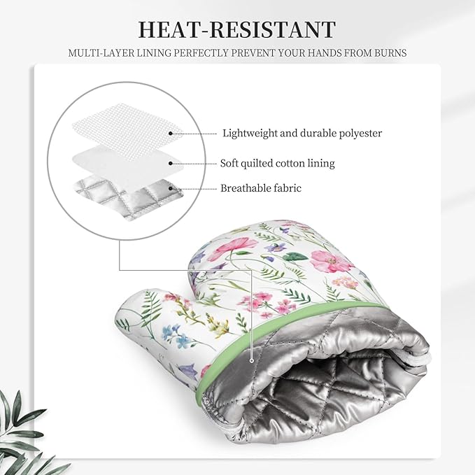 Pink Floral Silicone Oven Mitts Pan Mats Set of 2, Heat Resistant Gloves Potholder with Non-Slip Grips Hanging Loops Pot Holder, Spring Summer for Chef Cooking, Baking, Grilling, BBQ
