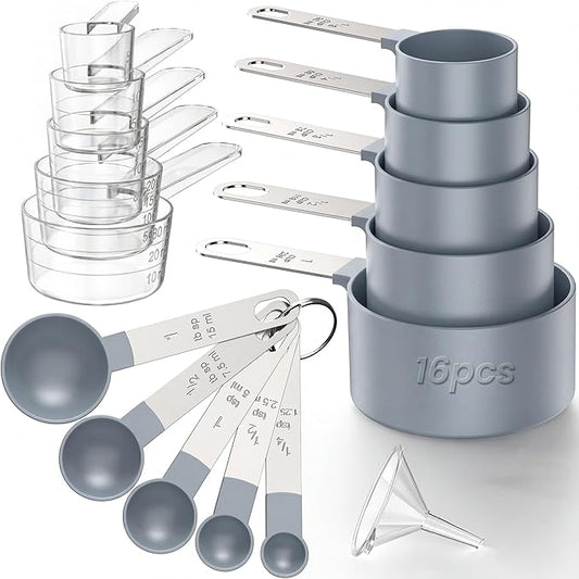 16PCS Measuring Cups and Spoons Set, Measuring Spoon Set with Metric and US Measurements, Fits for Measuring Dry and Liquid (Grey) by CreateHarmonyWithYourPet