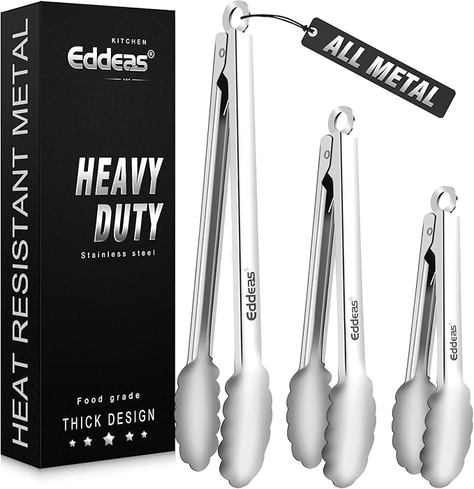 Eddeas Tongs For Cooking - All Metal Heat Resistant 600 Degrees Kitchen Tongs, Stainless Steel Locking Tongs, For Food,Salad, BBQ, Grill, Dishwasher, Set of 3-7",9" & 12 inch by Eddeas