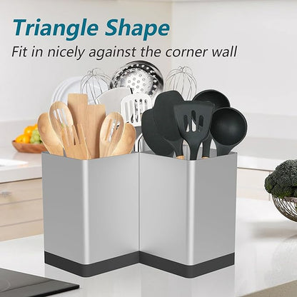Suli Utensil holder,Kitchen Utensil Organizer for Corner Countertop,Extra Large Silverware Organizer with 3 Compartments,Farmhouse Decor,Iron,Silvery - Image 6