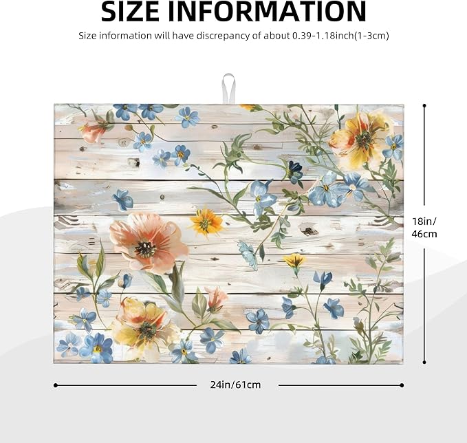 Flowers on Wooden Board Dish Drying Mat 18x24 Inch, Microfiber Absorbent Fast Dry Mat Floral Large Dish Mat Drying Kitchen Mat, Kitchen Drying Pad for Kitchen Counter Coffee Bar Decor Gifts