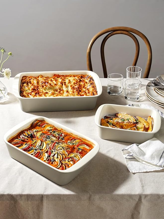 LE TAUCI Deep Casserole Dishes for Oven, 13.7”x9.6” Ceramic Baking Dish Set with Roasting Racks, Large Lasagna Pans with Handles, Rectangular Bakeware as Gift for Mom, Oatmeal Greige (4.6QT/3.0QT/1.6QT), Set of 3 - Image 4