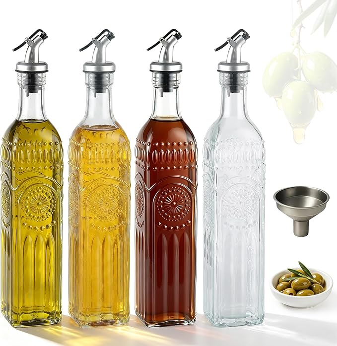 WERTIOO 4 Pack Olive Oil Dispenser Bottle for Kitchen,17oz Clear Glass Cooking Olive Oil and Vinegar Dispenser with Funnel, Delicately Engraved Glass Bottles for Kitchen by WERTIOO