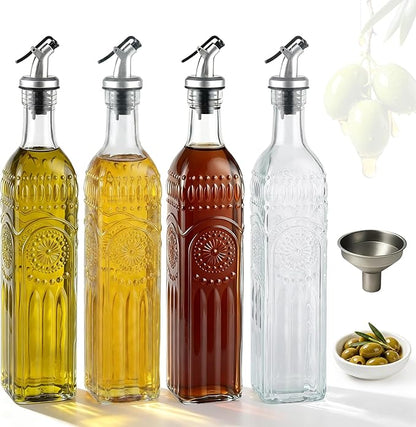 WERTIOO 4 Pack Olive Oil Dispenser Bottle for Kitchen,17oz Clear Glass Cooking Olive Oil and Vinegar Dispenser with Funnel, Delicately Engraved Glass Bottles for Kitchen by WERTIOO