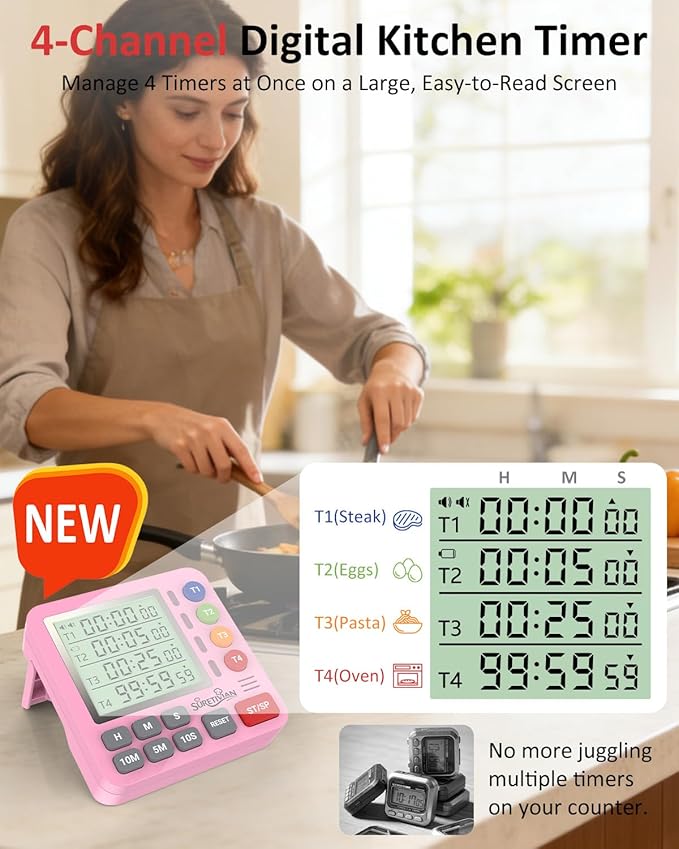Digital Kitchen Timer for Cooking - 4 Channel Count Up Countdown Timer with Loud Alarm and Silent Mode, Large Display, Magnetic Back, Auto Memory for Classroom Study Gym, Battery Included (Pink) - Image 2