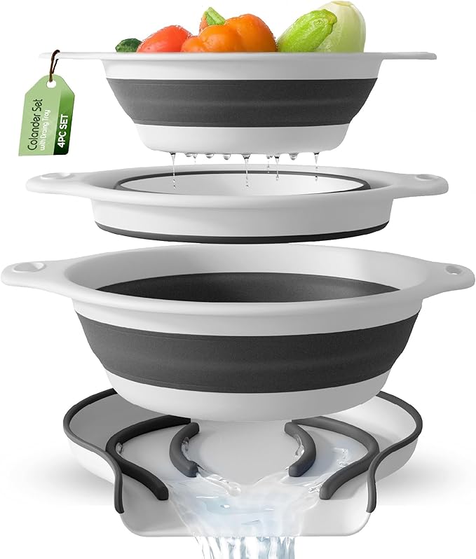Gevoli Collapsible Colanders (3 Pack Set) Food Strainers with Over-Sink Water Draining Base for Pasta Fruits and Vegetables (Patent Pending) White (3 Sizes, 3QT, 4QT and 5 Quart) by Gevoli