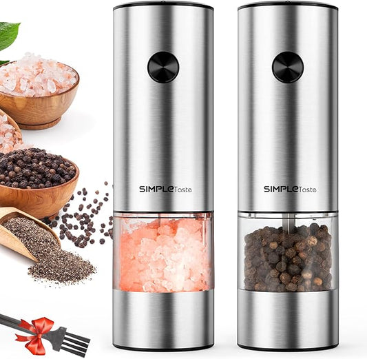 SIMPLETASTE Electric Salt and Pepper Grinder Set with LED Light, Automatic Pepper Mill Shakers with Adjustable Coarseness, One Hand Operation for Kitchen, Dining, Gifting, Silver, Battery Operated by SIMPLETaste
