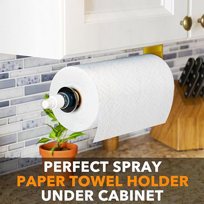 SpaceAid SprayNeat Paper Towel Holder with Spray Bottle, Under Cabinet Paper Towels Holders with Sprayer Inside Center, Hanging Wall Mount Papertowels Roller for Kitchen and Bathroom (Gold)