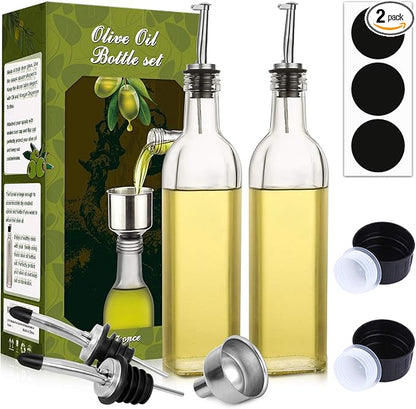 AOZITA [2 PACK] 17 oz Glass Olive Oil Dispenser Bottle Set - 500ml Clear Oil & Vinegar Cruet Bottle with Pourers, Funnel and Labels by AOZITA