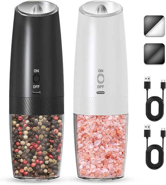 UNNEES Rechargeable Electric Salt and Pepper Grinder Set, Gravity Activated, Adjustable Coarseness, LED Light, USB Charging, Ceramic Core, 150ml Transparent Hopper, Black + White by UNNEES
