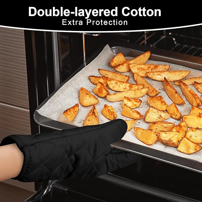 AUAUY 1 Pair Oven Mitts, Heat Resistant BBQ Gloves-Oven Mitts with Recycled Infill Cotton Non-Slip Cooking Gloves for BBQ Kitchen Baking Cooking - Black - Image 5