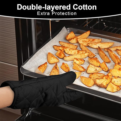 AUAUY 1 Pair Oven Mitts, Heat Resistant BBQ Gloves-Oven Mitts with Recycled Infill Cotton Non-Slip Cooking Gloves for BBQ Kitchen Baking Cooking - Black - Image 5