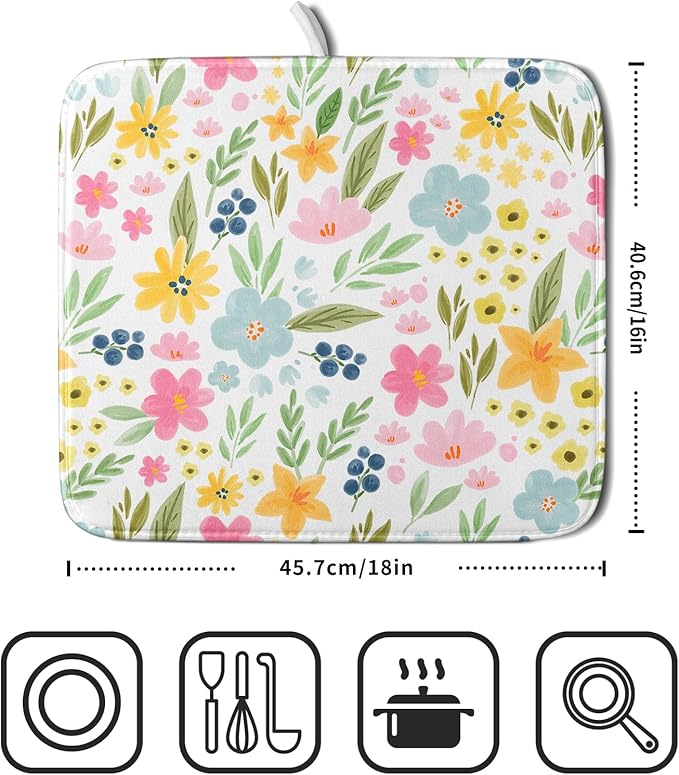 Spring Dish Drying Mat for Kitchen Counter Cute Floral Summer Holiday Microfiber Absorbent Dish Draining Reusable Washable Foldable 16"x18" - Image 2