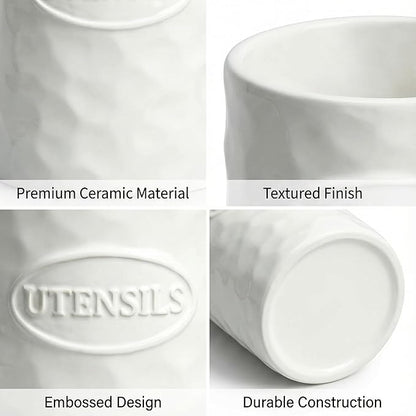 White Utensil Holder Set of 2 Ceramic Cooking Utensil Crock Modern Kitchen Utensil Organizer for Countertop Spatula Spoon and as a Decorative Vase for Housewarming Gift - Image 8