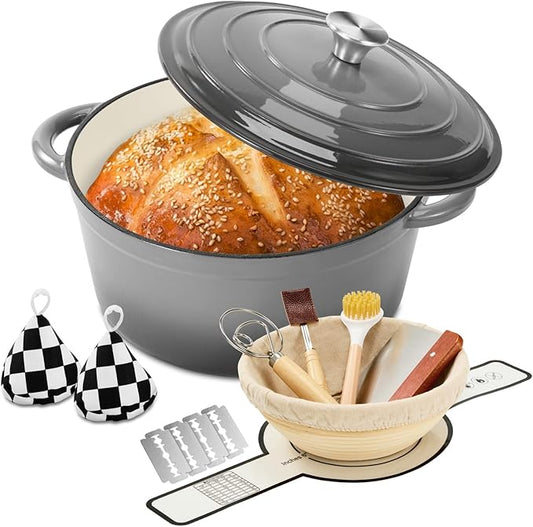 Enameled Cast Iron Dutch Oven with Lid -6.5 QT, incl. Sourdough Bread-Baking Supplies like Banneton Proofing Basket, Heavy Duty Cookware Bread-Oven for Baking, Stews, and Roasting, Gray by Blingco