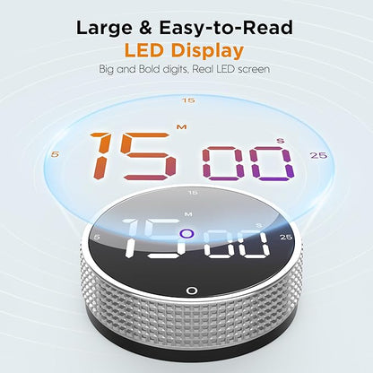 Upgrade Digital Kitchen Timer - Magnetic Countdown Countup Visual Pomodoro Timer with Large LED Display, 3-Preset Times (5, 15, 25), 3 Volume Levels, Ideal for Cooking, Baking and Fitness (1, Silver) - Image 2