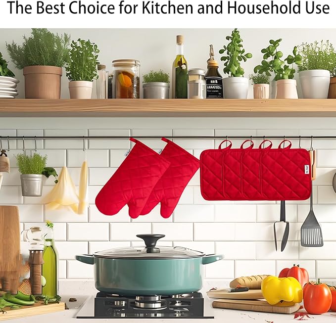 Oven Mitts and Pot Holders Sets,6 Pcs Oven Mitts and Potholders with Recycled Cotton High Heat Resistant Extra Thick Long Oven Mitts for Cooking(Red) - Image 6