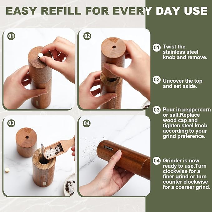 Wooden Salt and Pepper Grinder Set 10 Inch Manual Salt and Pepper Mill with Tray Adjustable Coarseness Refillable Wood Grinders with Gold Bottle Label for Kitchen(Wood Color) - Image 5