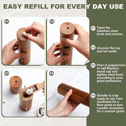 Wooden Salt and Pepper Grinder Set 10 Inch Manual Salt and Pepper Mill with Tray Adjustable Coarseness Refillable Wood Grinders with Gold Bottle Label for Kitchen(Wood Color) - Image 5