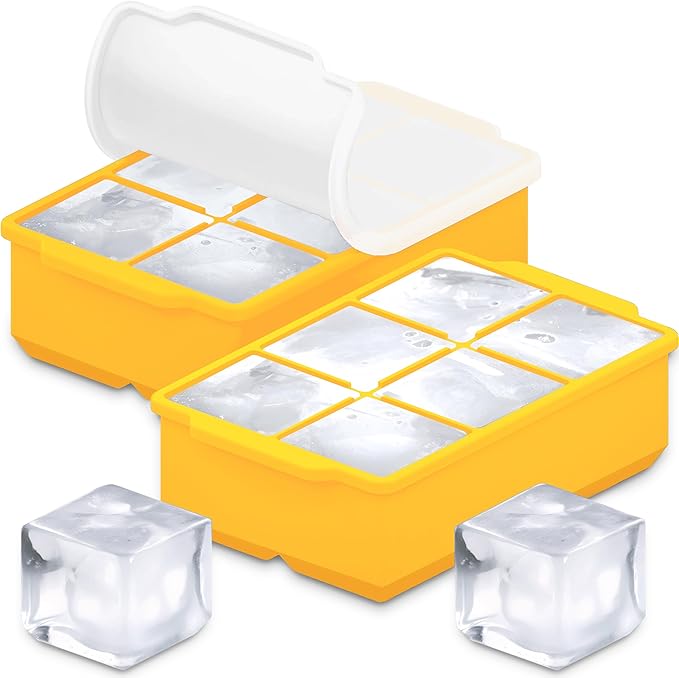 KitchFort Large Silicone Ice Cube Tray (2-Pack), Easy Release 2" Big Ice Cubes - Cocktail, Whiskey Ice Cubes Mold - Ice Trays for Freezer with Lid - Stackable Silicone Ice Tray - Mustard Yellow by KitchFort