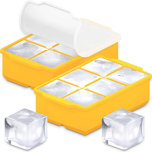 KitchFort Large Silicone Ice Cube Tray (2-Pack), Easy Release 2" Big Ice Cubes - Cocktail, Whiskey Ice Cubes Mold - Ice Trays for Freezer with Lid - Stackable Silicone Ice Tray - Mustard Yellow by KitchFort