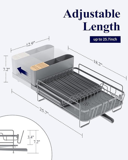 Kitsure Extendable Dish Drying Rack, Large Drying Dish Rack with Cutlery & Cup Holders, Multifunctional Dish Racks for Counter with Drainage, 18.2"-25.7" L x 12.9" W, Grey - Image 2