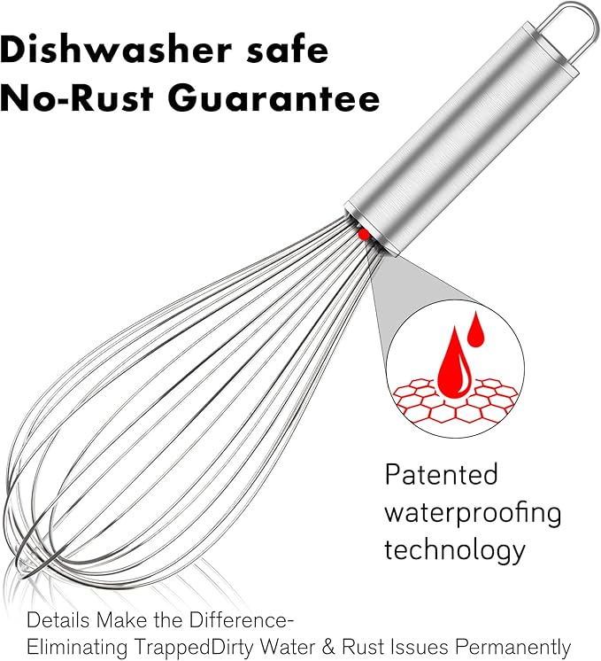 OYV 304 Stainless Steel Whisk Set, Dishwasher Safe Rustproof Metal Whisk, Professional Balloon Wire Whisks for Kitchen Cooking, Perfect For Blending, Whisking, Baking, Beating, 3 Packs (8" 10" 12") - Image 4