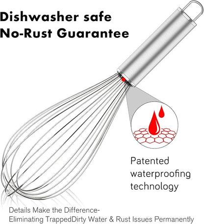 OYV 304 Stainless Steel Whisk Set, Dishwasher Safe Rustproof Metal Whisk, Professional Balloon Wire Whisks for Kitchen Cooking, Perfect For Blending, Whisking, Baking, Beating, 3 Packs (8" 10" 12") - Image 4