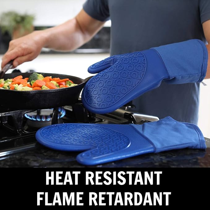 BPA-Free Soft Silicone 4 Piece Oven Mitts & Trivets Set - Ultra Heat Resistant Oven Mitts with Thick Cotton Liner - Long Slip Resistant Pot Holders, Flexible Oven Gloves - Royal Blue - Image 3