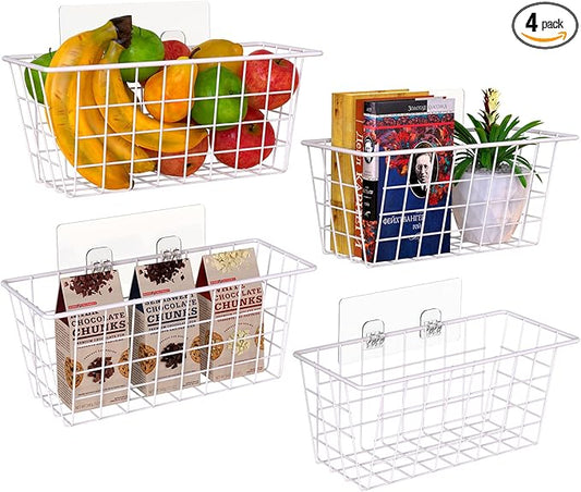MaraFansie Wall Wire Baskets Adhesive Basket Hanging Kitchen Baskets No Drilling for Cabinet & Pantry Organization and Kitchen, Bathroom, Bedroom Storage, 4 Pack, White by MakeStorageMoreFun