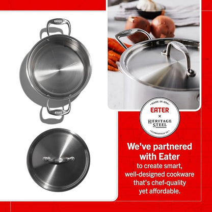 Heritage Steel x Eater 5 Quart Sauce Pot with Lid | Made in USA | 5-Ply Fully Clad Stainless Steel Pan | Stay Cool Handle Design | Induction Capable & Non-Toxic Cookware
