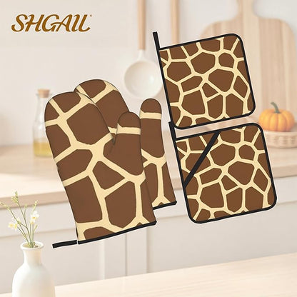 Giraffe Oven Mitts with Matching Potholders - Heat Resistant Kitchen Accessories for Baking, Grilling, Cooking, Gifts for Women