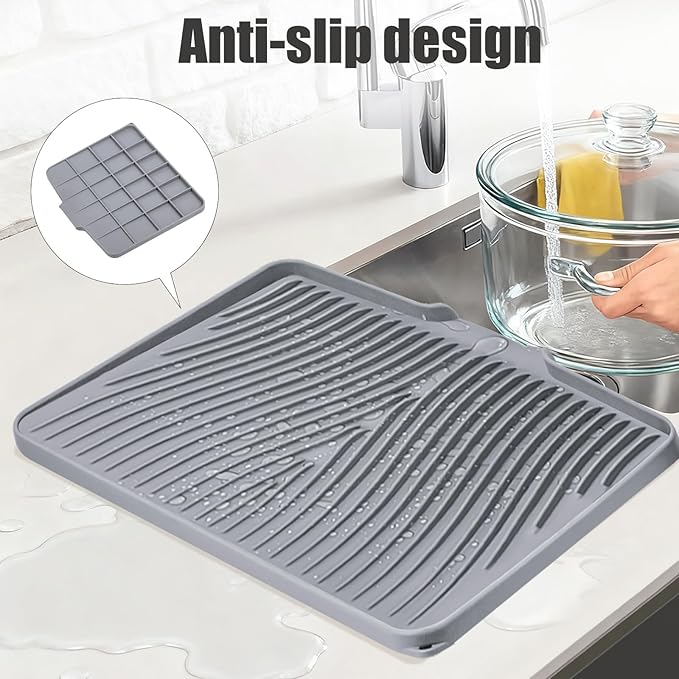 TIKNIK Silicone Dish Drying Mat, Stone Drying Mat for Kitchen Counter with Built-In Drain, Non-Slip Drain Pad with Built-in Drain, Heat Resistant Stone Drying Mat, 1Pcs 20" x 15", Grey - Image 3