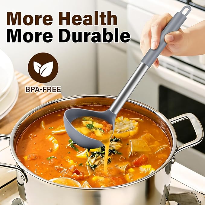3Pcs Silicone Cooking Spoon Set, Kitchen Utensils Include Solid & Slotted Spoon, Soup Ladle, Food-Grade Heat Resistant 446°F, Non-Scratch Spoons for Serving, Stirring, Draining, Dishwasher Safe, Gray - Image 6