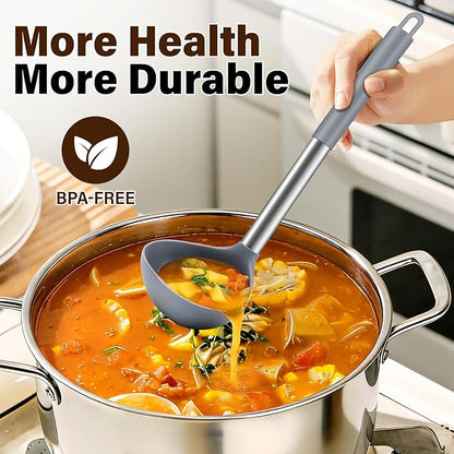 3Pcs Silicone Cooking Spoon Set, Kitchen Utensils Include Solid & Slotted Spoon, Soup Ladle, Food-Grade Heat Resistant 446°F, Non-Scratch Spoons for Serving, Stirring, Draining, Dishwasher Safe, Gray - Image 6