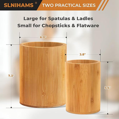 Bamboo Utensil Holder, 7.3"+5.4" Set of 2 Utensil Holders for Kitchen Counter, Bamboo Spoon and Chopstick Organizer, Flatware, Spatula & Silverware Storage Containers, for Countertop & Pantry - Image 2