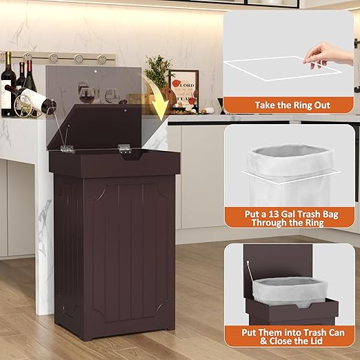 Function Home Trash Can Cabinet, 13 Gallon Kitchen Garbage Can, Wood Recycling Trash Bin, Freestanding Dog Proof Trash Can, Farmhouse Trash Cabinet with Lid for Home Kitchen Bathroom, Coffee - Image 6