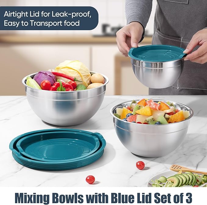 P&P CHEF Blue Mixing Bowls with Lids, Set of 3, Stainless Steel Salad Nesting Bowl for Mixing, Storing, Prepping, Airtight & Stackable, Size 4.6/3 /1.5 QT - Image 4