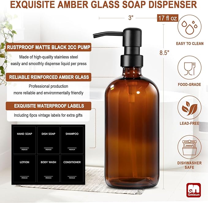 GMISUN Amber Glass Soap Dispenser, 2 Pack Bathroom Hand Soap Dispensers with Stainless Steel Pump, 17 Fl Oz Kitchen Hand and Dish Soap Dispenser Set, Modern Vintage Liquid Brown Soap Dispensers Bottle - Image 3